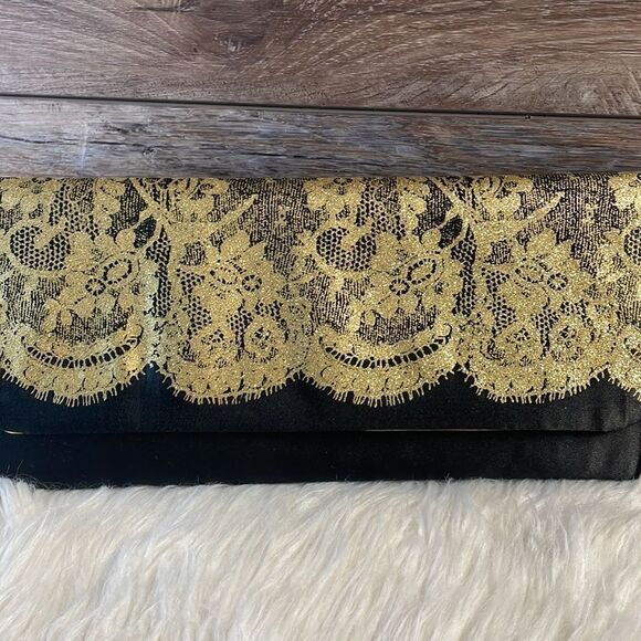 Black Clutch Evening Bag with Gold Lace Glitter Trim - Picture 2 of 8